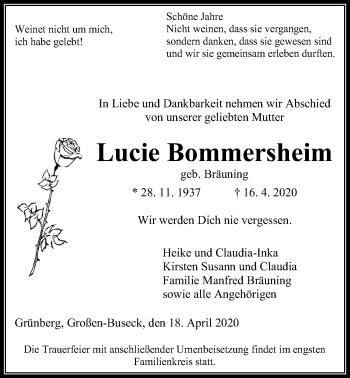 Traueranzeige von Lucie Bommersheim von Giessener Allgemeine, Alsfelder Allgemeine