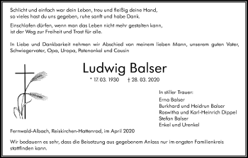Traueranzeige von Ludwig Balser von Giessener Allgemeine, Alsfelder Allgemeine