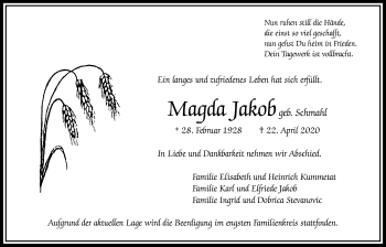 Traueranzeige von Magda Jakob von Bad Vilbel/Karben