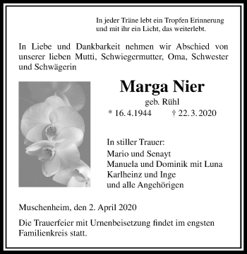 Traueranzeige von Marga Nier von Licher Wochenblatt