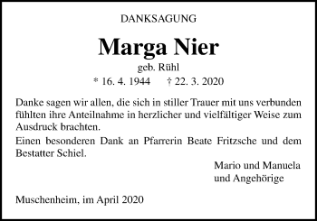 Traueranzeige von Marga Nier von Licher Wochenblatt