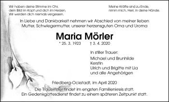 Traueranzeige von Maria Mörler von Wetterauer Zeitung