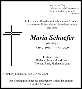 Traueranzeige von Maria Schaefer von Giessener Allgemeine, Alsfelder Allgemeine