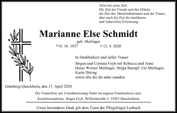 Traueranzeige von Marianne Schmidt von Giessener Allgemeine, Alsfelder Allgemeine