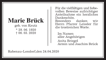 Traueranzeige von Marie Brück von Giessener Allgemeine, Alsfelder Allgemeine