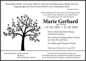 Traueranzeige von Marie Gerhard von Alsfelder Allgemeine, Giessener Allgemeine