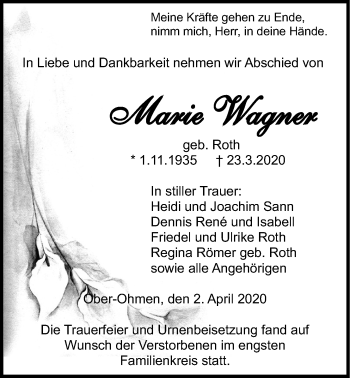 Traueranzeige von Marie Wagner von Alsfelder Allgemeine, Mücker Stimme