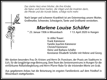 Traueranzeige von Marlene Louise Schäfer von Licher Wochenblatt