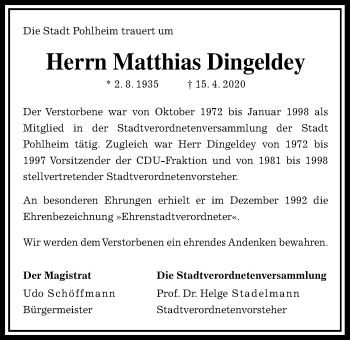 Traueranzeige von Matthias Dingeldey von Pohlheimer Nachrichten