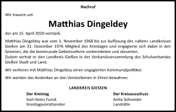 Traueranzeige von Matthias Dingeldey von Pohlheimer Nachrichten