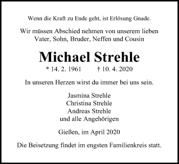 Traueranzeige von Michael Strehle von Giessener Allgemeine, Alsfelder Allgemeine