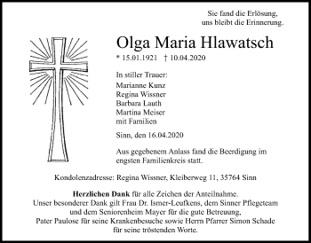 Traueranzeige von Olga Maria Hlawatsch von Giessener Allgemeine, Alsfelder Allgemeine