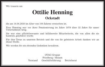 Traueranzeige von Ottilie Henning von Wetterauer Zeitung