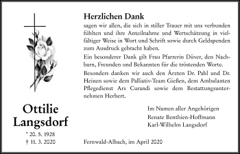 Traueranzeige von Ottilie Langsdorf von Alsfelder Allgemeine, Giessener Allgemeine