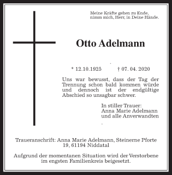 Traueranzeige von Otto Adelmann von Wetterauer Zeitung, Giessener Allgemeine, Alsfelder Allgemeine
