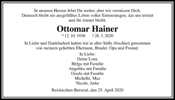 Traueranzeige von Ottomar Hainer von Wetterauer Zeitung, Giessener Allgemeine, Alsfelder Allgemeine