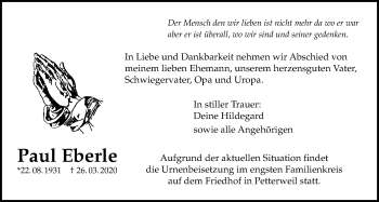 Traueranzeige von Paul Eberle von Bad Vilbel/Karben