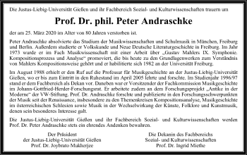 Traueranzeige von Peter Andraschke von Giessener Allgemeine, Alsfelder Allgemeine