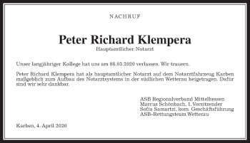 Traueranzeige von Peter Richard Klempera von Wetterauer Zeitung