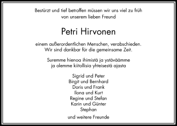 Traueranzeige von Petri Hirvonen von Bad Vilbel/Karben