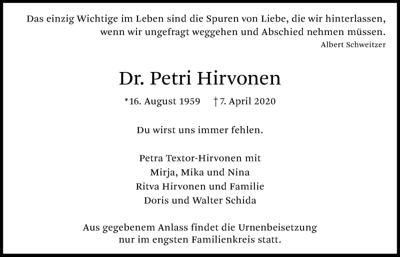  Traueranzeige für Petri Hirvonen vom 16.04.2020 aus Bad Vilbel/Karben