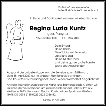 Traueranzeige von Regina Luzia Kuntz von Bad Vilbel/Karben