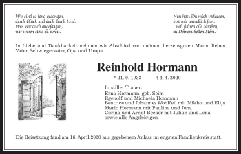 Traueranzeige von Reinhold Hormann von Rabenauer Zeitung