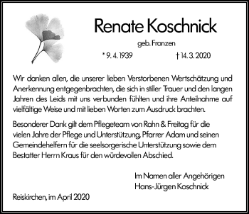 Traueranzeige von Renate Koschnick von Giessener Allgemeine, Alsfelder Allgemeine