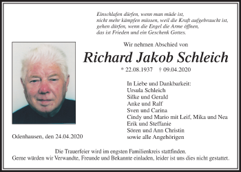 Traueranzeige von Richard Jakob Schleich von Giessener Allgemeine, Alsfelder Allgemeine