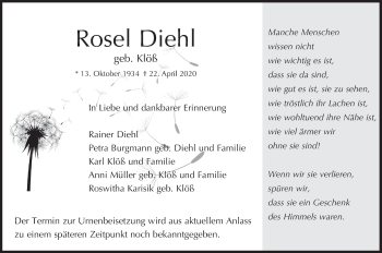 Traueranzeige von Rosel Diehl von Bad Vilbel/Karben