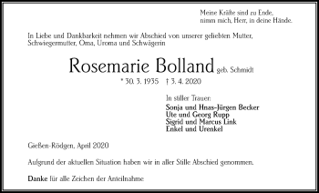 Traueranzeige von Rosemarie Bolland von Giessener Allgemeine, Alsfelder Allgemeine
