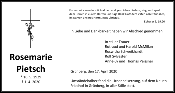 Traueranzeige von Rosemarie Pietsch von Giessener Allgemeine, Alsfelder Allgemeine