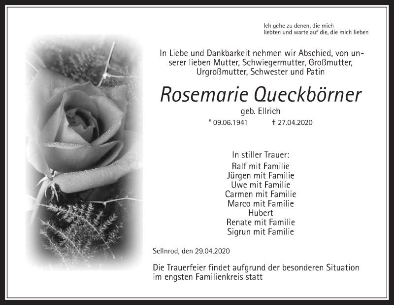  Traueranzeige für Rosemarie Queckbörner vom 29.04.2020 aus Alsfelder Allgemeine