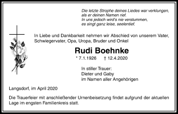 Traueranzeige von Rudi Boehnke von Licher Wochenblatt