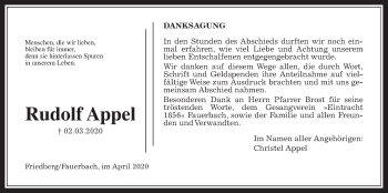 Traueranzeige von Rudolf Appel von Wetterauer Zeitung