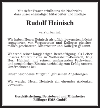 Traueranzeige von Rudolf Heinisch von Wetterauer Zeitung