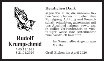 Traueranzeige von Rudolf Krumpschmid von Giessener Allgemeine, Alsfelder Allgemeine