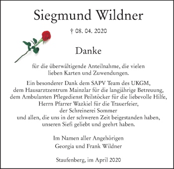 Traueranzeige von Siegmund Wildner von Giessener Allgemeine, Alsfelder Allgemeine