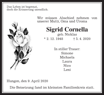 Traueranzeige von Sigrid Cornella von Licher Wochenblatt