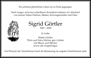 Traueranzeige von Sigrid Görtler von Bad Vilbel/Karben