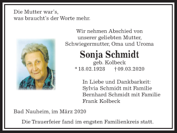 Traueranzeige von Sonja Schmidt von Wetterauer Zeitung