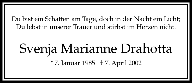  Traueranzeige für Svenja Marianne Drahotta vom 09.04.2020 aus Bad Vilbel/Karben