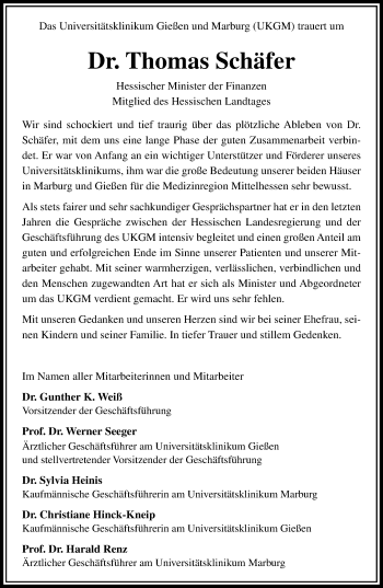 Traueranzeige von Thomas Schäfer von Giessener Allgemeine, Alsfelder Allgemeine