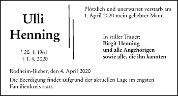 Traueranzeige von Ulli Henning von Alsfelder Allgemeine, Giessener Allgemeine