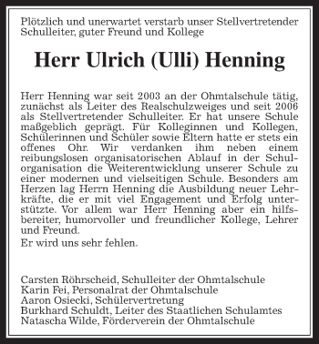Traueranzeige von Ulrich Henning von Giessener Allgemeine, Alsfelder Allgemeine