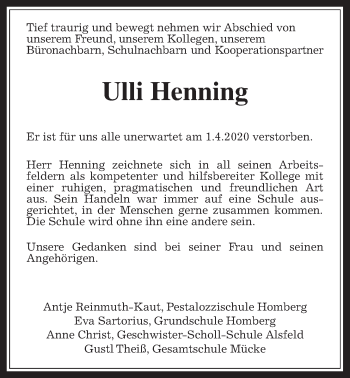 Traueranzeige von Ulrich Henning von Giessener Allgemeine, Alsfelder Allgemeine