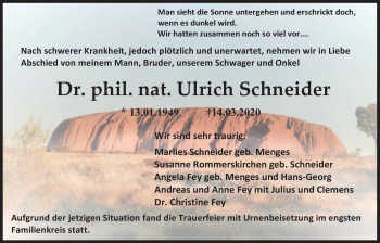 Traueranzeige von Ulrich Schneider von Alsfelder Allgemeine, Giessener Allgemeine