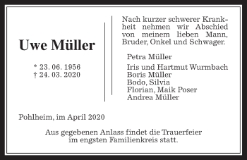 Traueranzeige von Uwe Müller von Pohlheimer Nachrichten