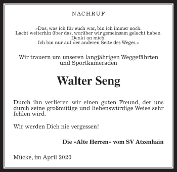 Traueranzeige von Walter Seng von Alsfelder Allgemeine