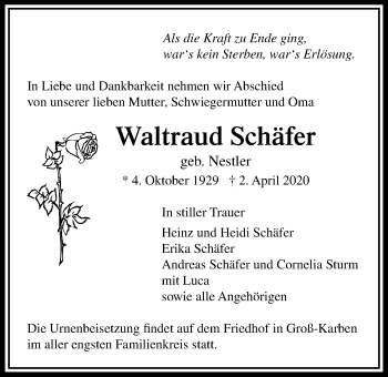 Traueranzeige von Waltraud Schäfer von Bad Vilbel/Karben